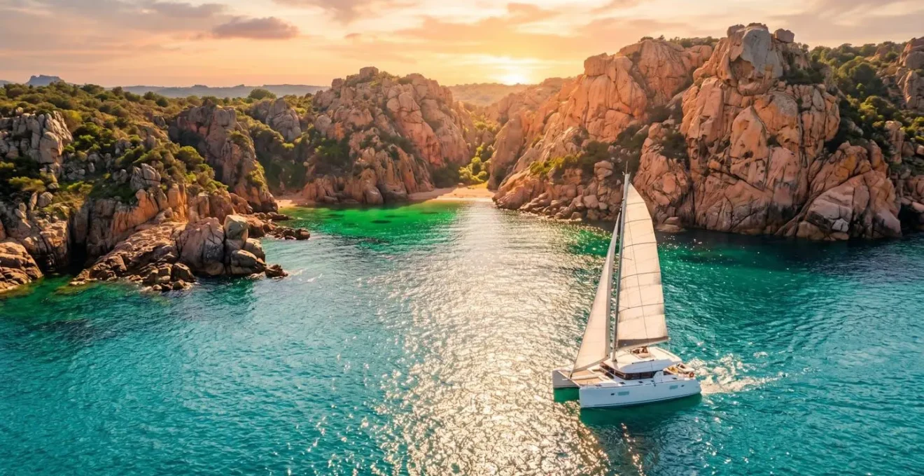 Catamaran blanc naviguant vers une crique aux eaux turquoise en Corse au coucher du soleil.