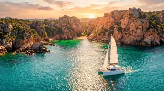 Catamaran blanc naviguant vers une crique aux eaux turquoise en Corse au coucher du soleil.