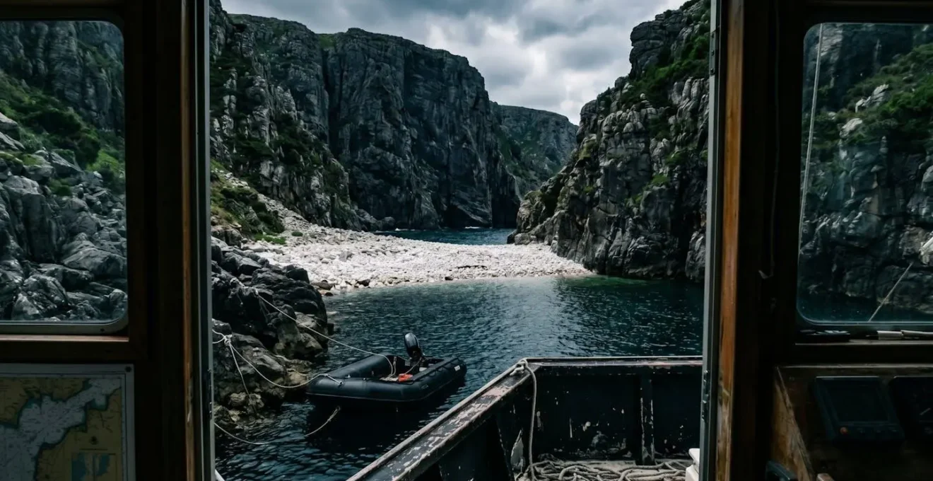 Crique étroite aux falaises sombres et à la plage de galets blancs, vue depuis un catamaran.