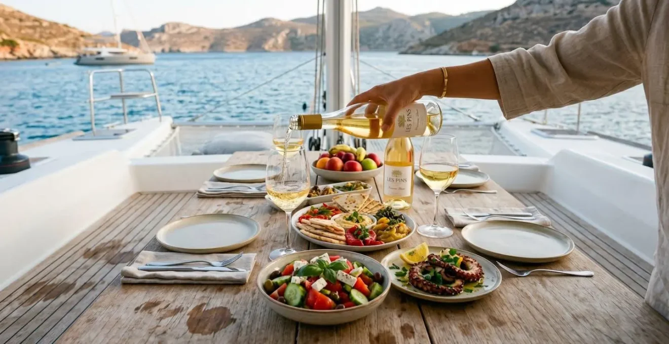 Table dressée sur le pont d'un catamaran avec un repas méditerranéen et un verre de vin blanc.