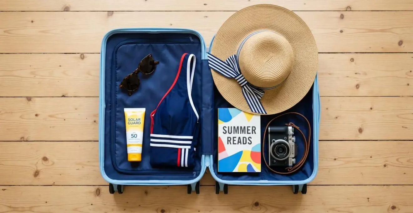 Valise cabine ouverte contenant des essentiels pour une croisière : crème solaire, lunettes, chapeau, maillot de bain, livre et appareil photo.